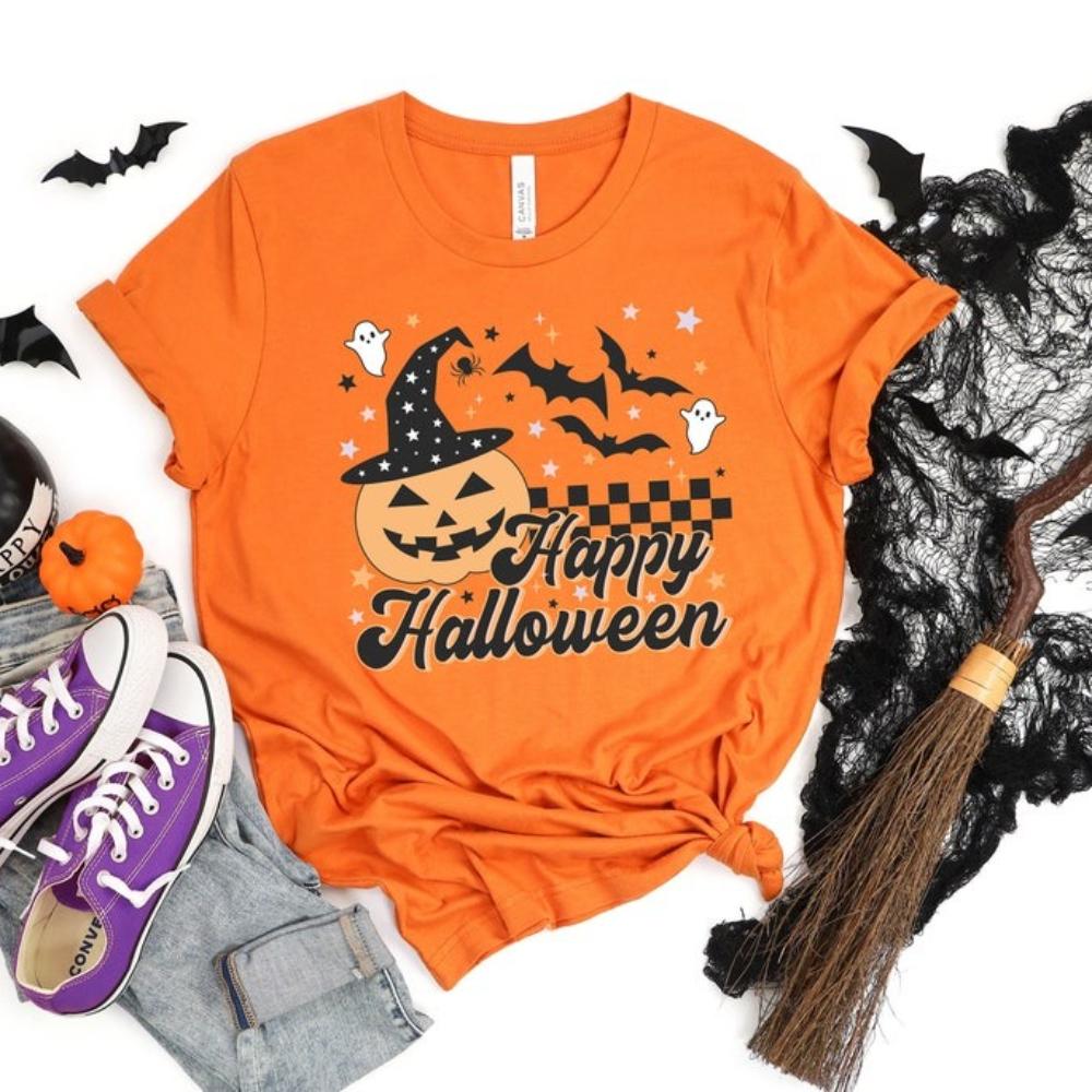 Happy Halloween Woman Man Orange Graphic T Shirts All Saints Day Shirt Autumn Fashion Casual Outdoors Breathable Shortsleev
