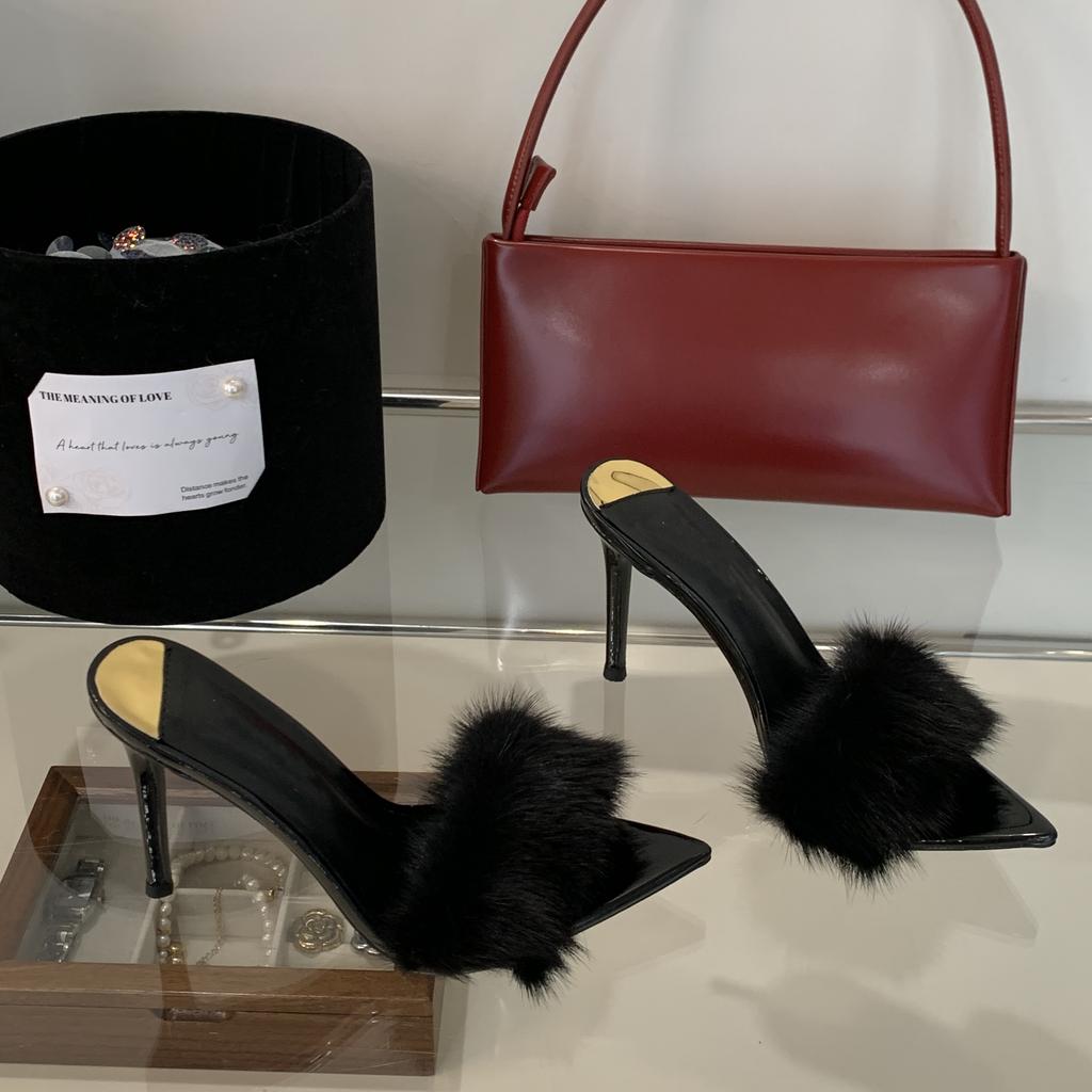 Летняя мода верхняя одежда тапочки сексуальные остроносые волосатые каблуки тапочки на высоком каблуке женская праздничная обувь