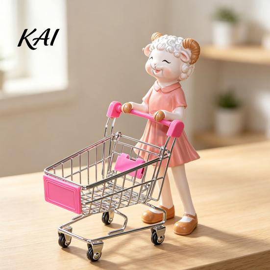 Holiday Gift for Her Cartoon Sheep Shopping Cart Figurine, Mini Grocery Trolley Toy with Lamb, Unique Resin Art Ornament Cute Desk Decor