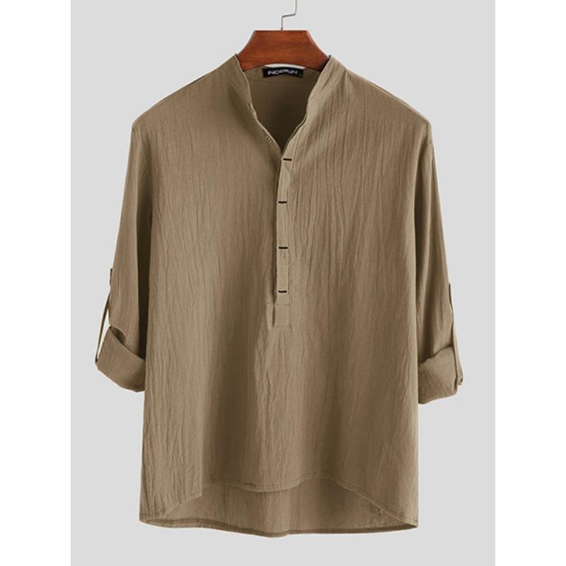 Мужская белая рубашка-henley из смесовой льняной ткани, воротник-мандарин, длинный рукав, повседневный топ