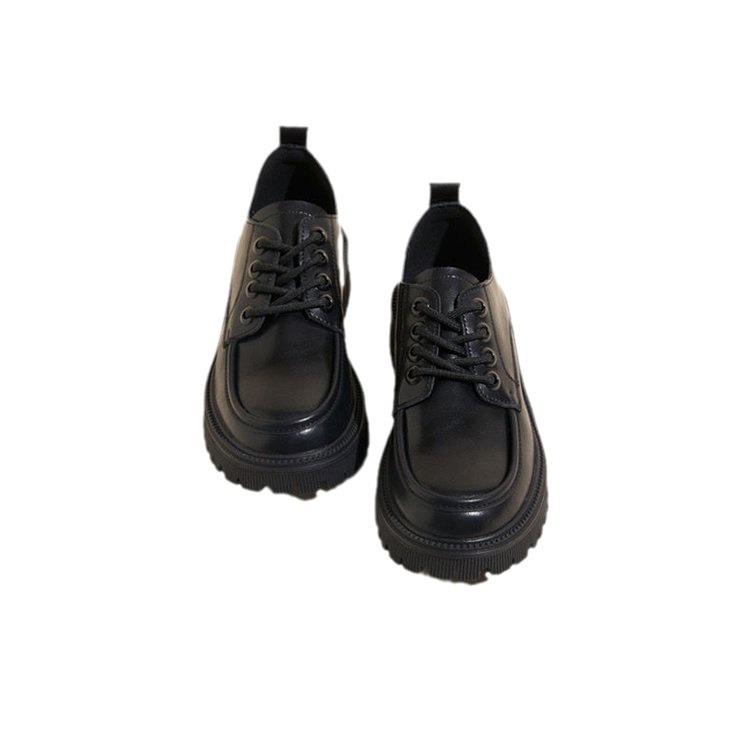 Маленькие кожаные туфли женские в британском стиле весна и осень 2024 новые модные черные универсальные туфли на толстой подошве со шнуровкой женские туфли