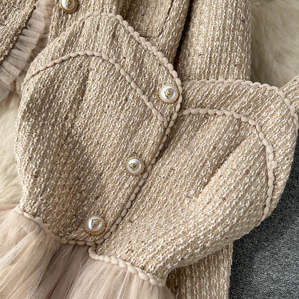 Новое весенне-осеннее шерстяное лоскутное платье-миди из тюля на тонких бретельках + короткий твидовый жакет-пальто для женщин, комплект из 2 предметов, наряды