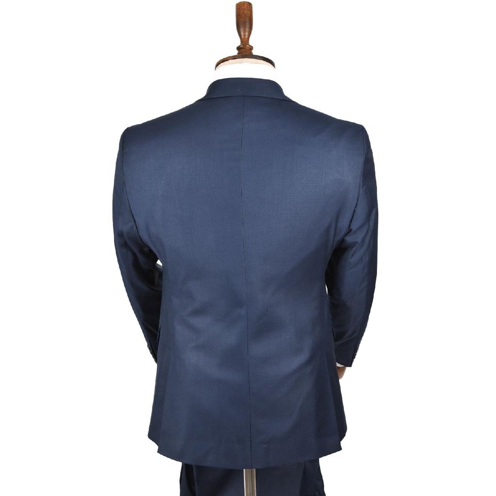 Men's Dark Navy Blue Pocket Piping Plain Fabric Double Slit 2 Piece Suit 0230300