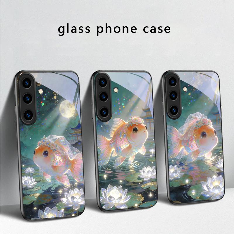 Милый золотой рыбка вуалехвост Для Samsung Galaxy S20 S21 S22 S23 Plus S24 FE S25 Ultra S26 Edge S25+ S20+ S22+ Черный стеклянный чехол для телефона