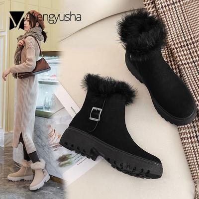 Модные зимние зимние сапоги женские роскошные короткие ботинки из меха кролика нубук флок хлопковые туфли плюшевые пушистые ботинки женские 40-43 размера плюс