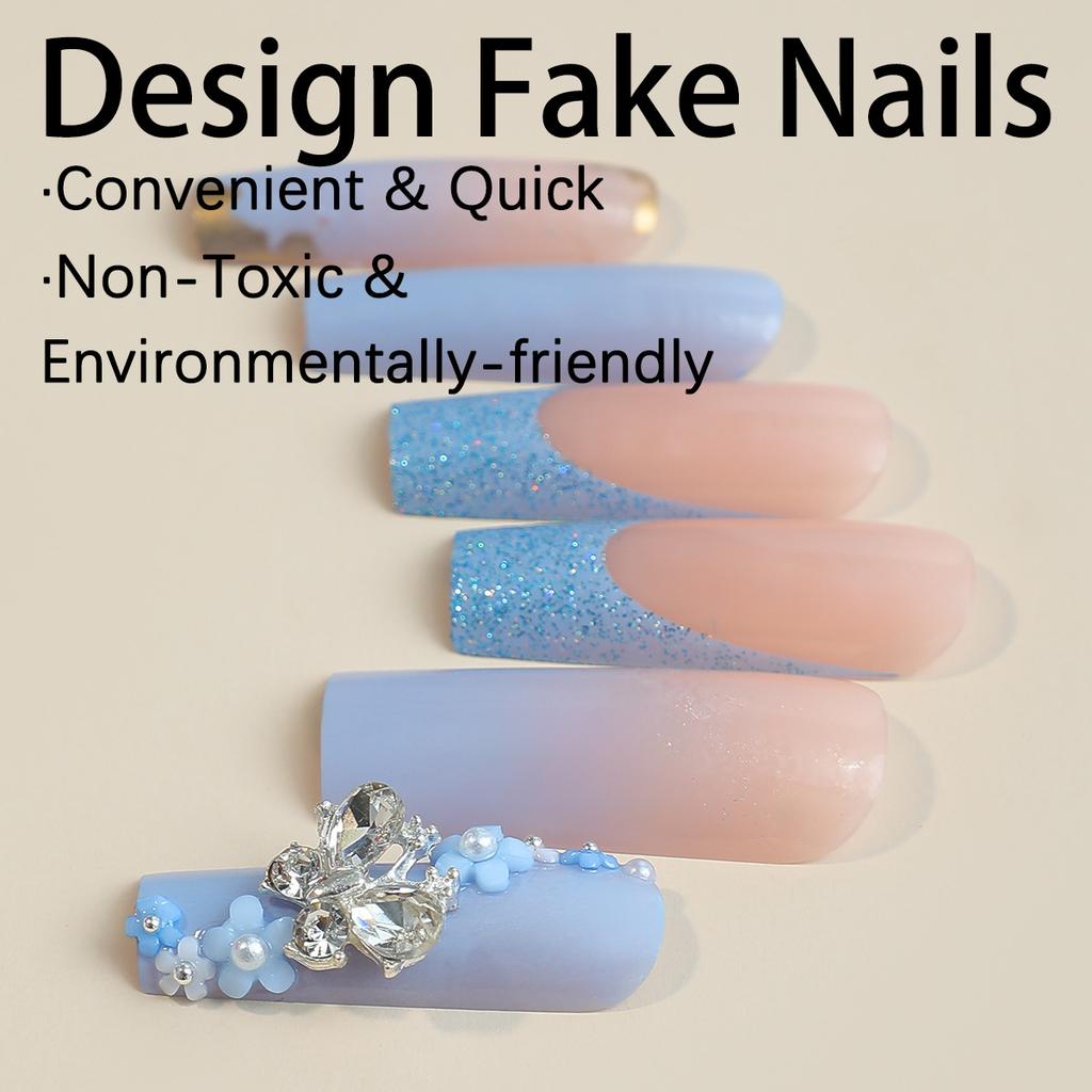 Autumn and Winter Blue Series Wearable Nails with Flower and Bowknot Glitter, Elegant Sweet Cool Girl Nail Tips, Brightening Nails