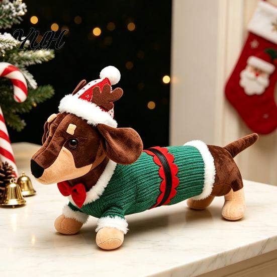 Decorative Plush for Window Christmas Dachshund Toy, Cute Dog Stuffed Animal with Santa Hat Sweater, Festive Figurine Home Soft Holiday Decor Ornament
