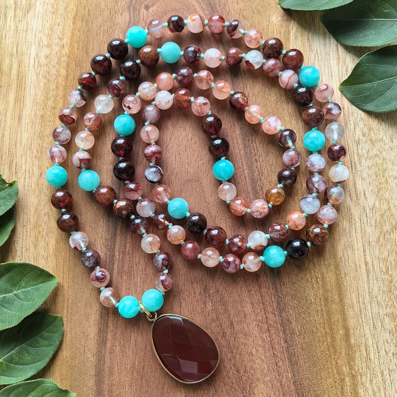 108 Beads Hand Knotted Mala Necklace,Natural Garnet,Red Fire Quartz,Amazonite,JapaMala,Prayer Healing Crystals,Yoga Jewelry Gift