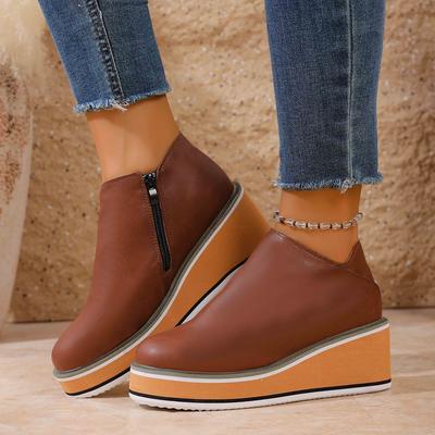 Женские ботинки на танкетке, женские ботильоны в стиле ретро, модные ботинки на платформе с круглым носком, удобные кожаные туфли на молнии для женщин на каблуке