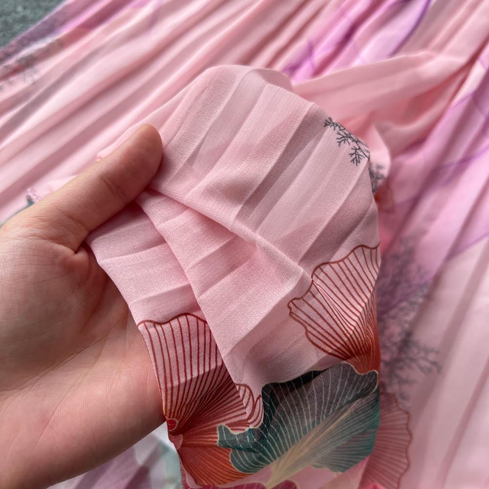 French Chic Dress for Women V-neck Plant Printed Lantern Sleeve Pleated Long Dresses Autumn Dress Female A-line