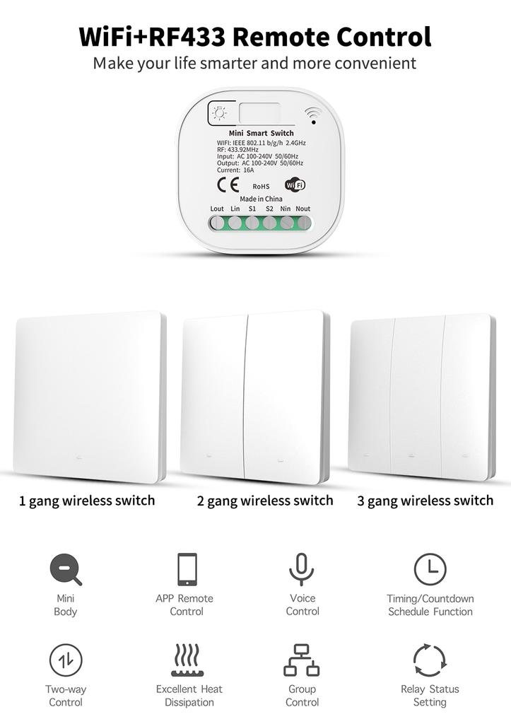 For Tuya Wifi RF 433 MHz Wireless Remote Control Switch Module Self Powered No Battery Needed Alexa Compatible Wall Switch 16A M