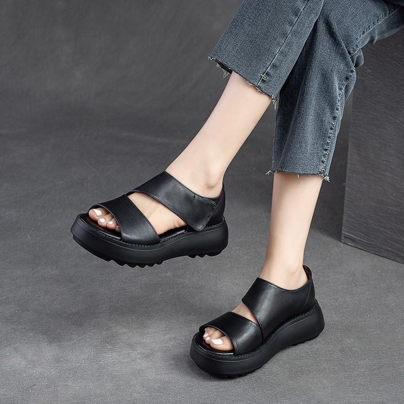 Women Sandals Thick Sole Peep Toe Platform Shoes Genuine Leather Vintage Comfortable Sandals