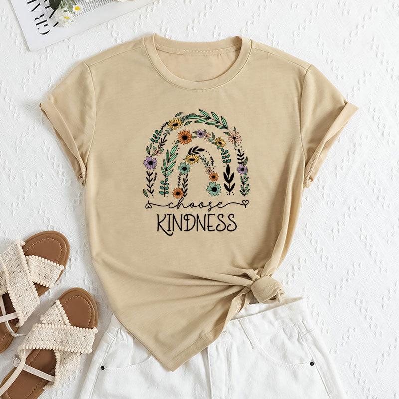 Летние женские футболки свободного покроя с цветочным принтом и круглым вырезом из чистого хлопка с короткими рукавами для женщин