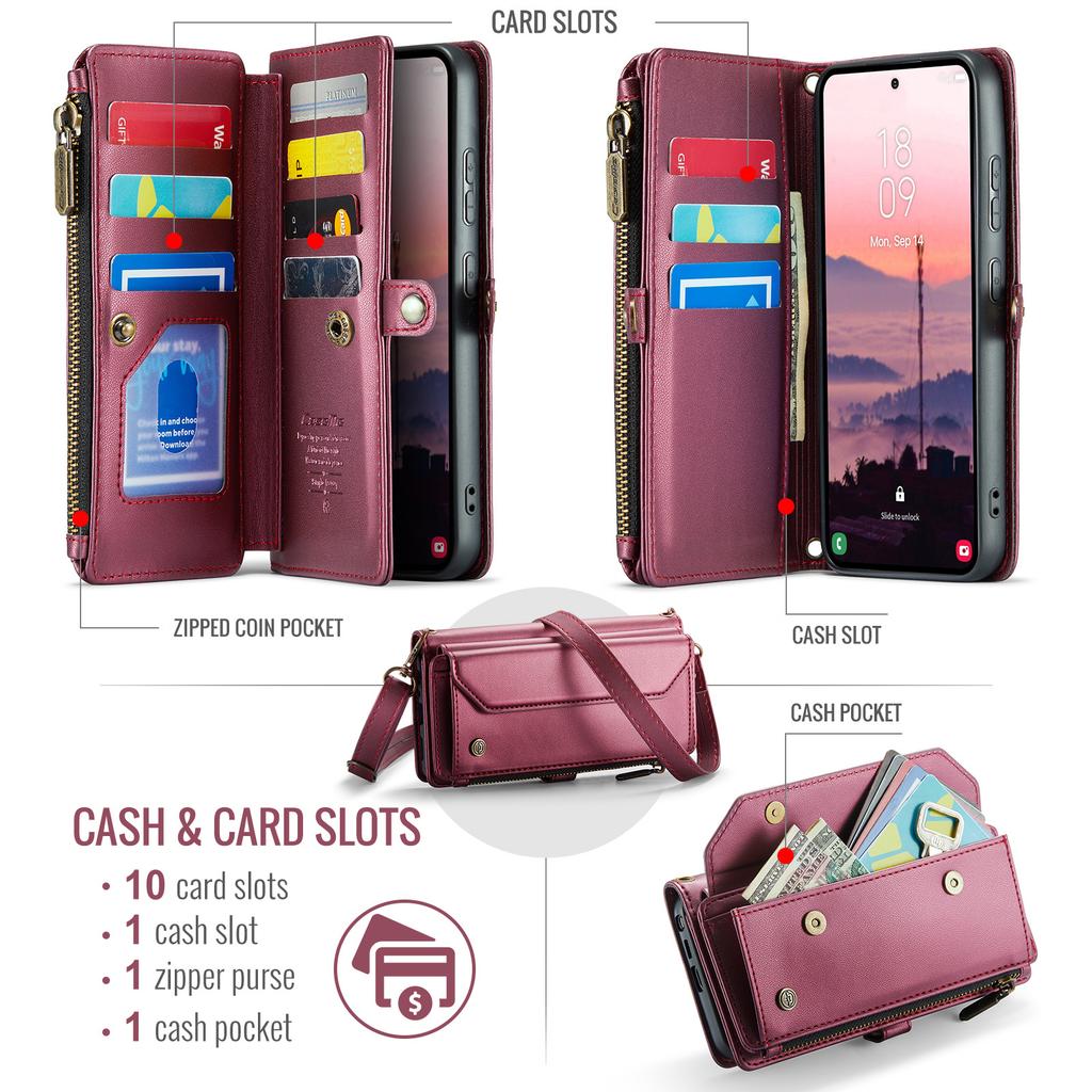 For Samsung Galaxy S26 Ultra Leather Case CASEME C36 Zipper 10 Card Slots Phone Cover with Straps