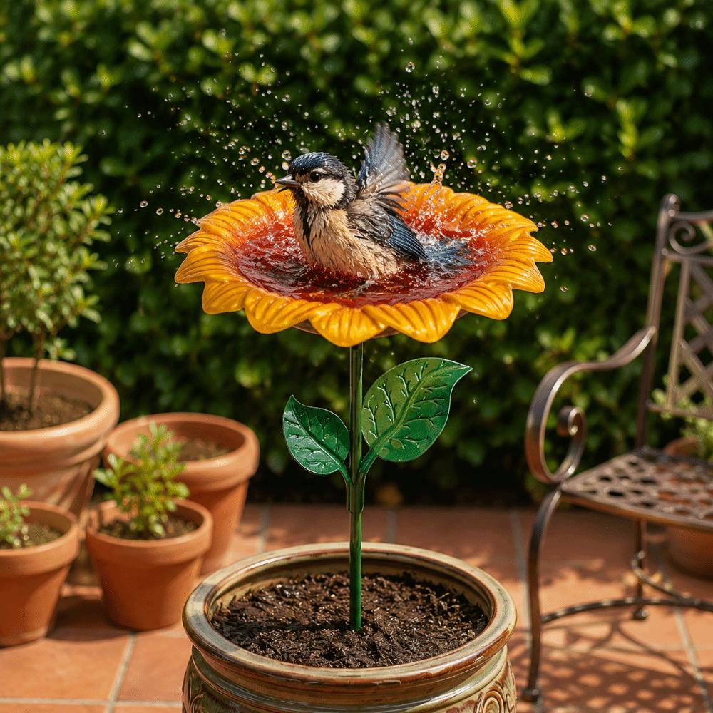 Metal Bird Bath Sunflower Flower Garden Stake Decorative Bee Butterfly Watering Station Garden