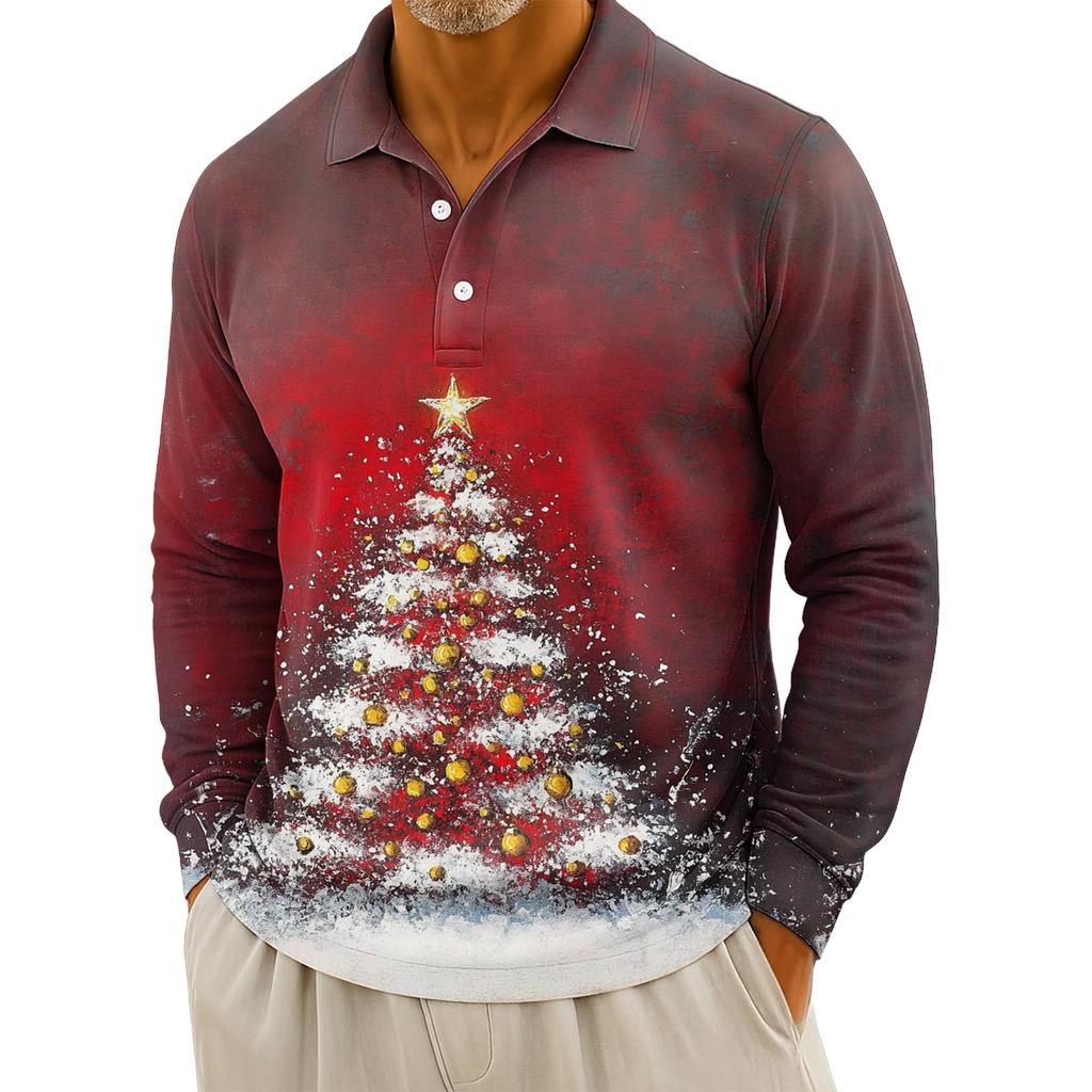 Men's Casual Christmas Print Button Long Sleeve Shirt