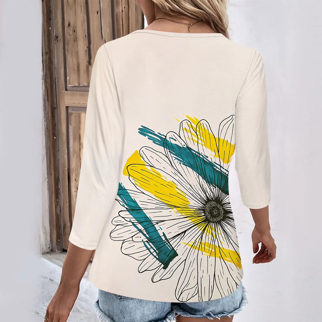 Womens 3/4 Sleeve Daily Weekend V Neck Casual Printed Tshirts Loose Fit Pleated Tees Ladies Blouse