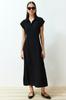 Women's Fashion New Dress Black A-Line Shirt Collar Aerobin Maxi Woven Dress