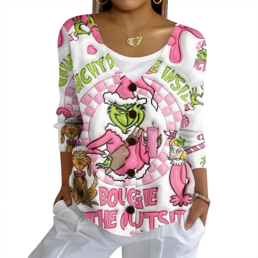 Women's Fashion Casual Knit Sweater Button-Up Christmas Print Cardigan Jacket