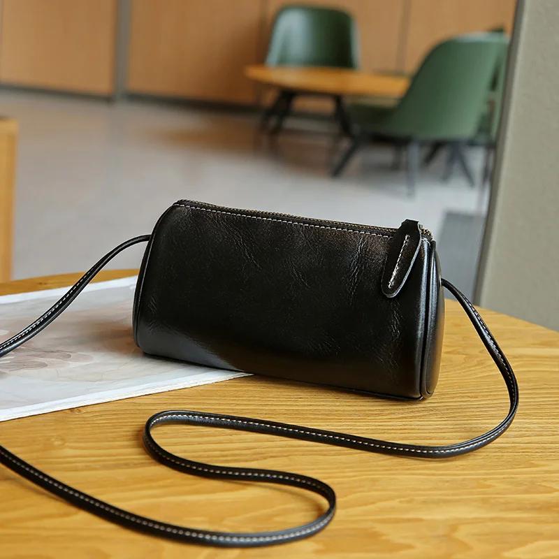 Popular Genuine Cowhide Cylinder Bags Retro Fashion Messenger Bag Women Designer Shoulder Bag