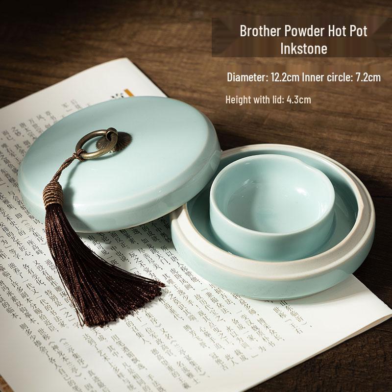 Чернильница из селадоновой керамики Килн Жу: Чернильница с двойным кругом и крышкой, Антивысыхающая чернильница для каллиграфии, Антикварная чернильница.