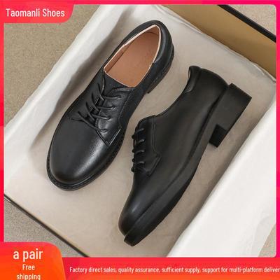 Женские черные кожаные мокасины на среднем каблуке: Британский стиль, мягкая подошва, осень 2025 г.