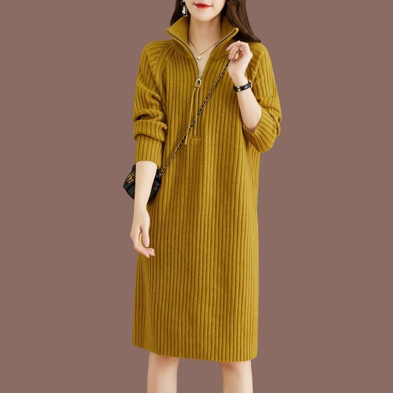 High Neck Thick Zipper Medium and Long Inner Sweater Skirt Autumn and Winter New Knitted Bottoming Dress Women