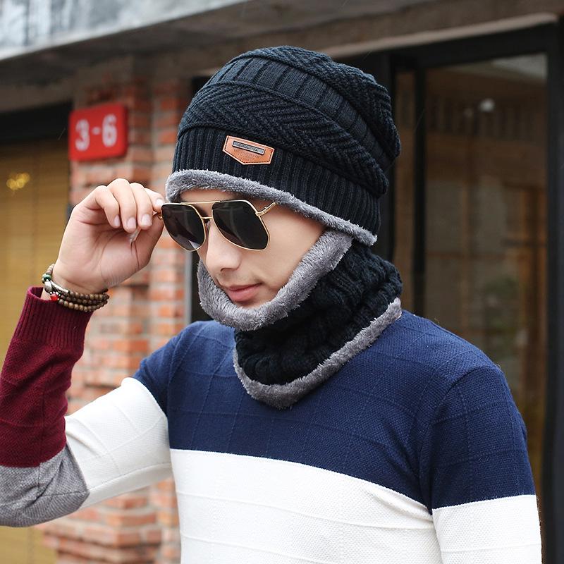 Korean Men's Hat Neck Scarf Sets Velvet Cycling Cover Warm Windproof Hat Winter Woolen Hats Two Piece Scarf Set
