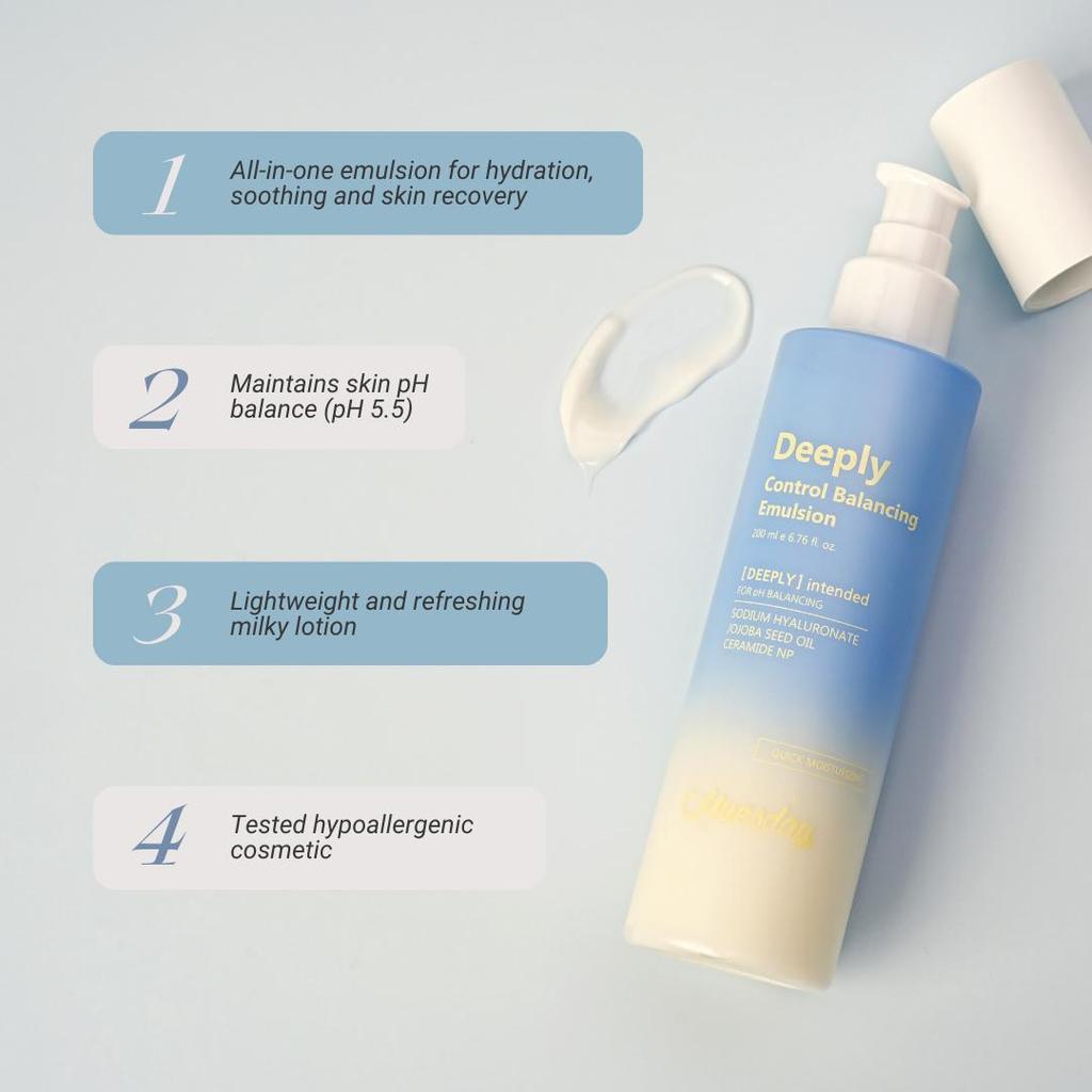 ELEVEN HUESDAY Deeply Control Balancing Emulsion, 200 мл - Легкое увлажнение. Баланс нефть-вода. Успокаивающий уход для чувствительной кожи.