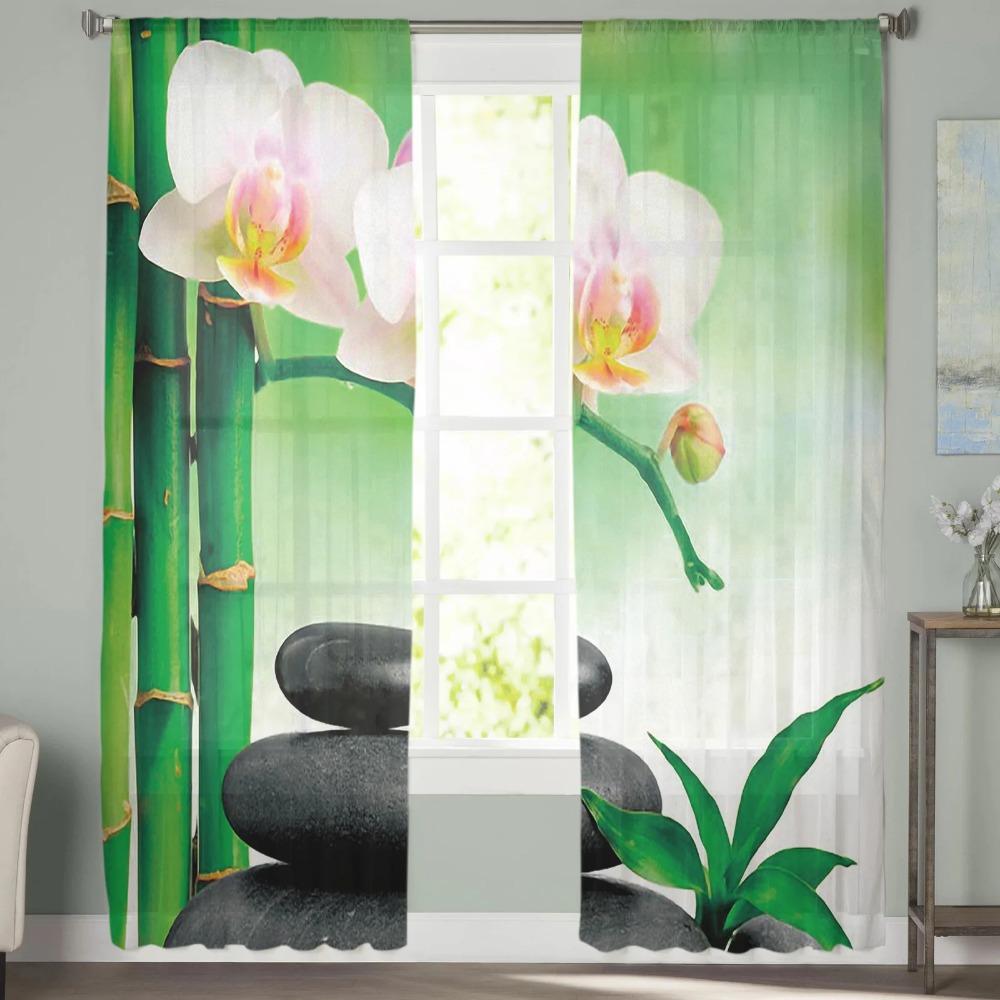 Zen Stones Orchids Flower Green Bamboo Tulle Curtains for Living Room Bedroom Decor Transparent Sheer Voile Window Curtain