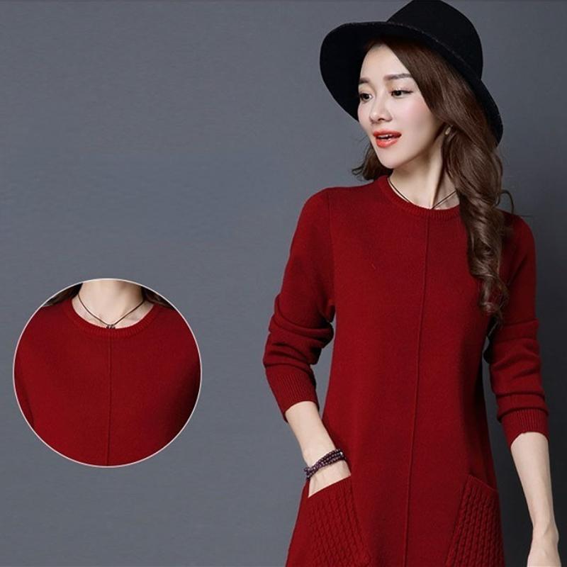Spring Autumn and Winter Women's Mid-length Pullover Jumper Korean Version of Loose Simple Bottoming Shirt with Pockets of Knitted Jumper Dresses