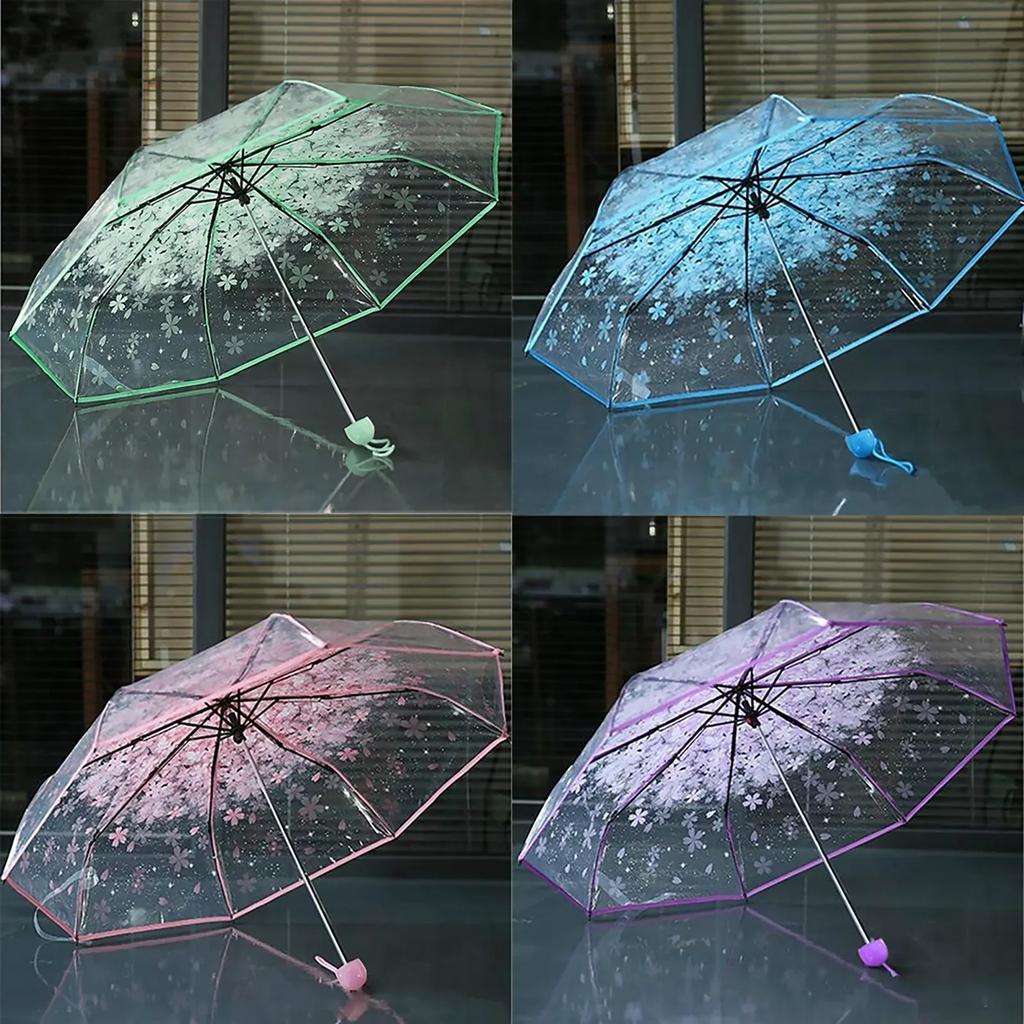 1PC Portable cute flower household rain gear cherry blossom transparent umbrella wind and rain protection 3 fold PVC umbrella