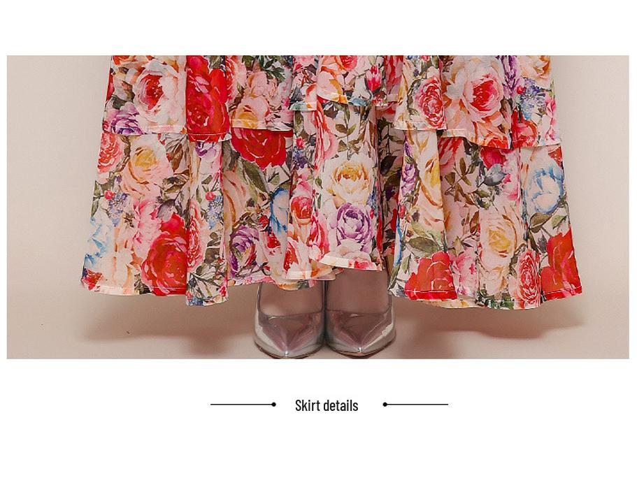 Women's Retro Court Style V-neck Dress with Lace-up Waist, Lantern Sleeves, Floral Print, and Large Hem - 2026 Collection