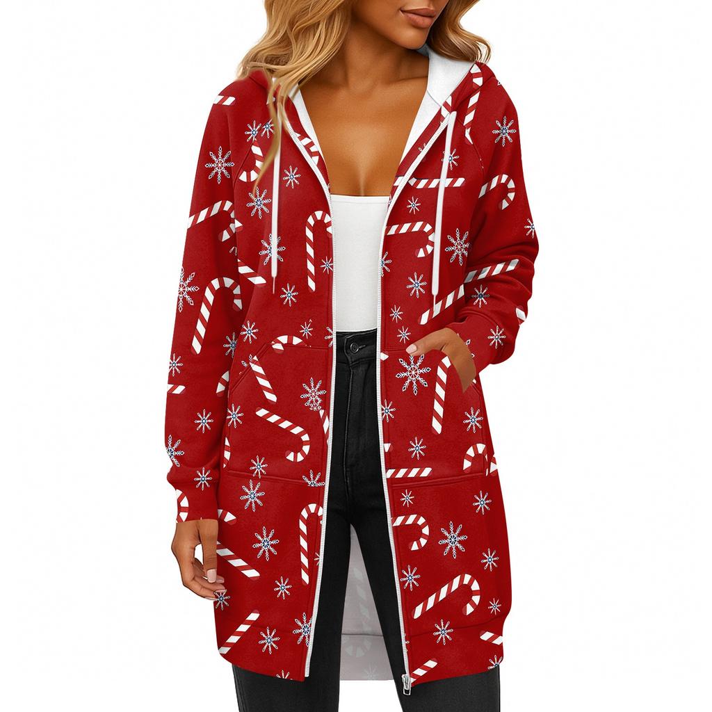 Women's Fashionable Christmas Printed Long Sleeved Drawstring Hooded Zipper Pocket Long Casual Sweatshirt Jacket