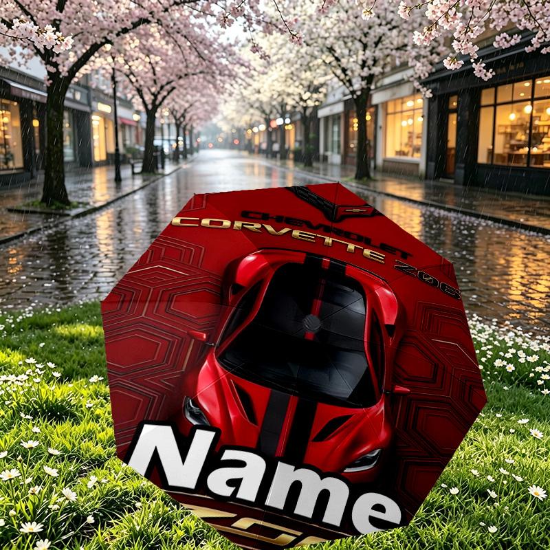 Custom Name Personalized Sports car Print Umbrella, Auto Open Close, 8‑Rib Sturdy Frame, Commute Camping Hiking Use, Birthday Gift