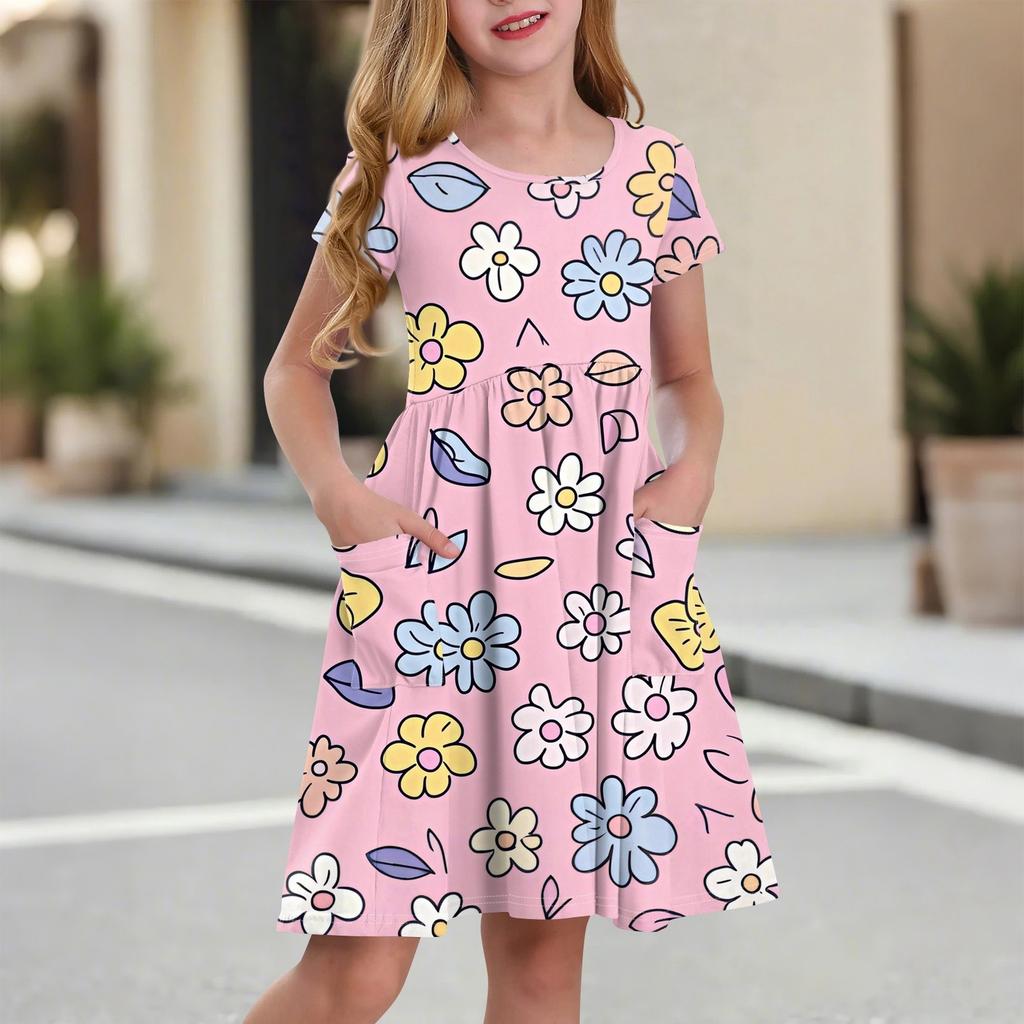 Детская юбка с круглым вырезом и коротким рукавом, платье принцессы, модное повседневное платье с карманами для девочек