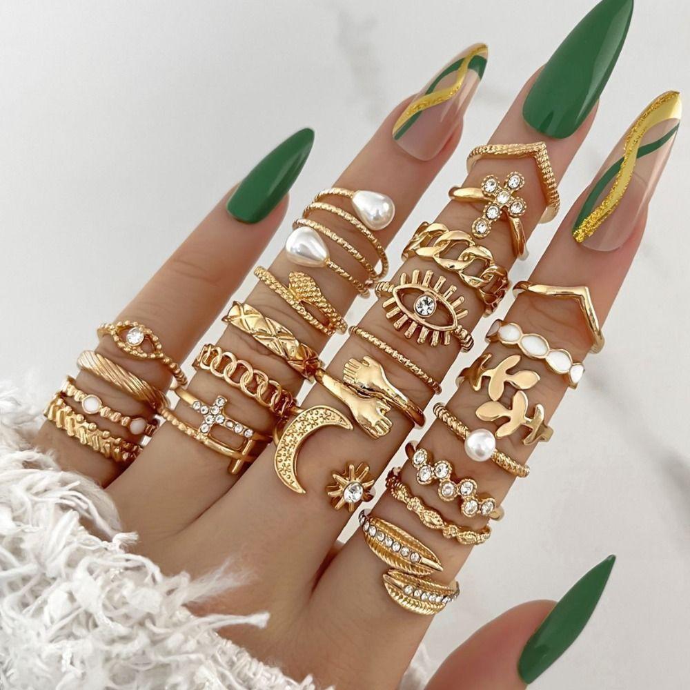 Gold/Silver Wave Joint Rings Set Alloy Love Chain Joint Ring New Multi Style Ring Set  Woman