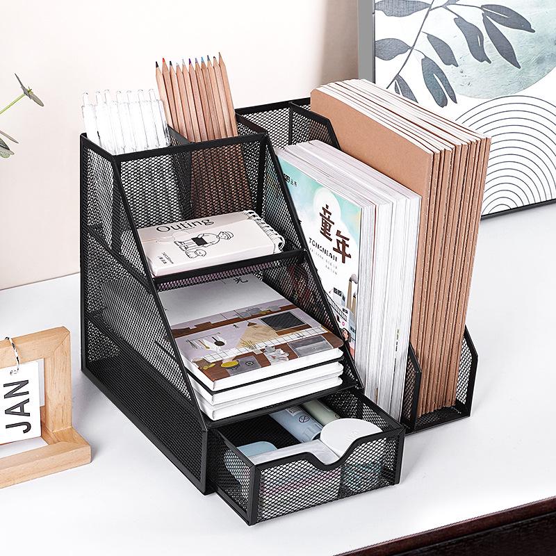 Desktop Metal File Rack Basket: Multi-layer Vertical Storage Box for Desk Management and Document Organization.