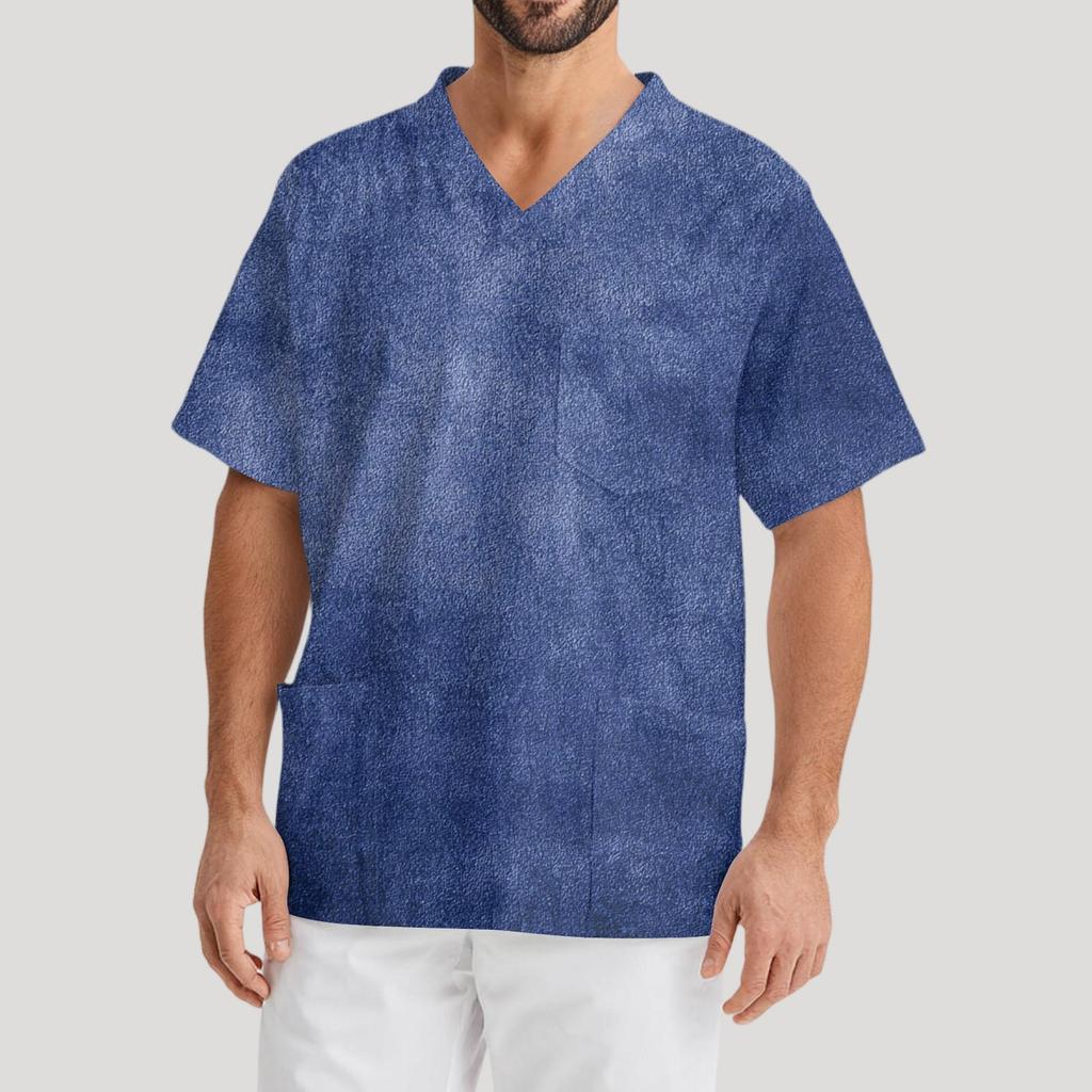 Мужская рабочая блузка с короткими рукавами и v-образным вырезом с принтом, топ с нагрудным карманом