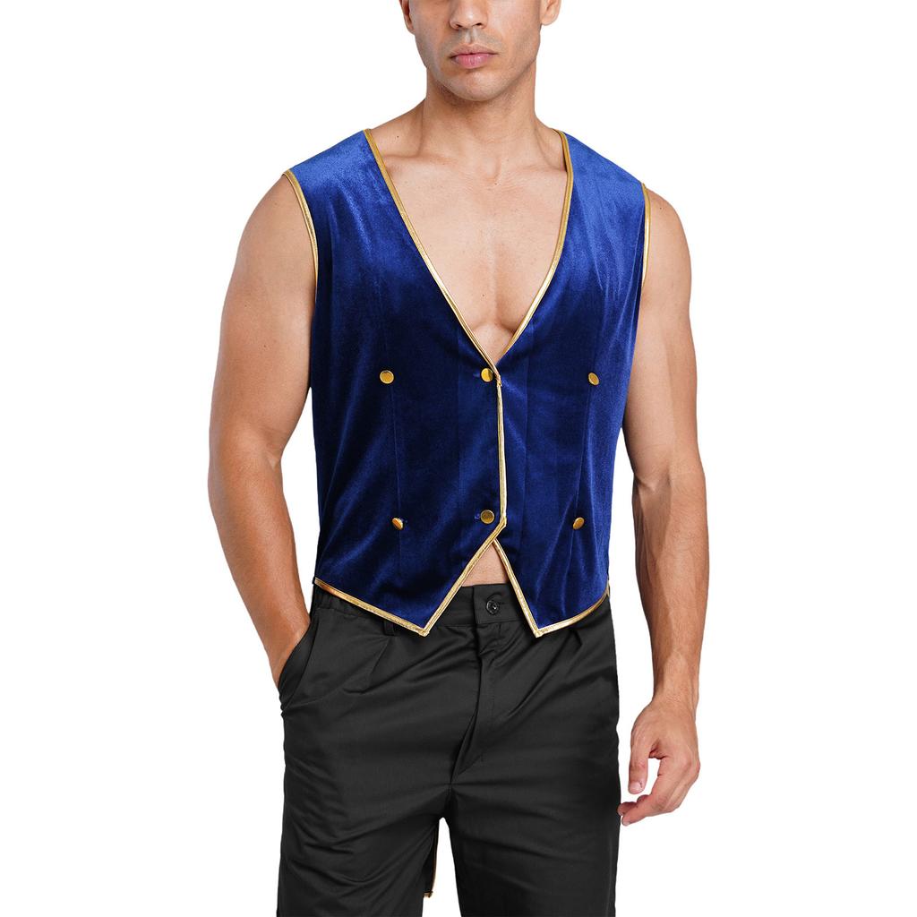 Velvet V Neck Button Down Tailcoat Vest for Men Metallic Trim Medieval Retro Waistcoat Blazer for Halloween Cocktail Wear