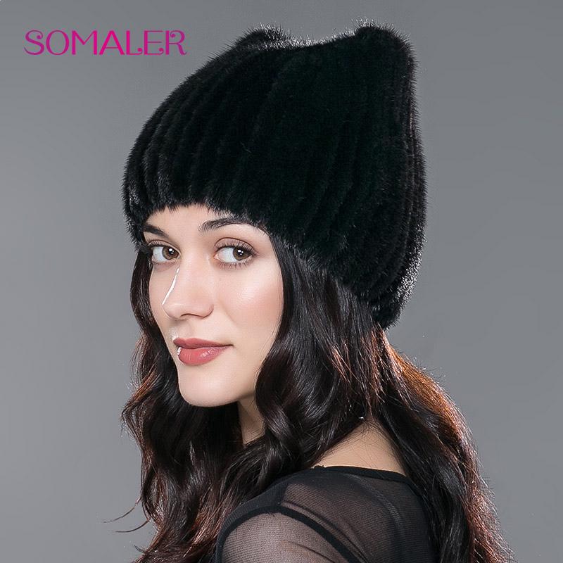 SOMALER Стильная женская вязаная шапка из натурального меха с подкладкой