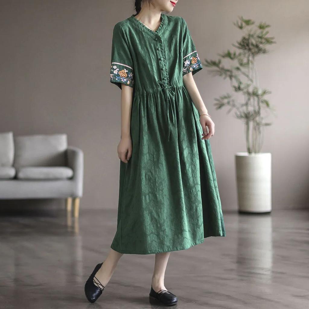 Женские повседневные платья, летние винтажные платья с V-образным вырезом и цветочной вышивкой, свободные женские длинные платья