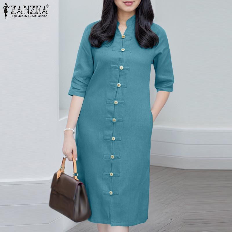 ZANZEA Women Stand Collar Casual 3/4 Sleeve Retro Sheath Dress