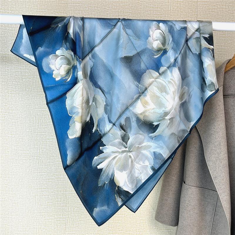 88*88cm 100% Mulberry Silk Retro Floral Garden Oil Painting Pattern Square Scarf Thin Sunblock Beach Towel Shawl Neckerchief
