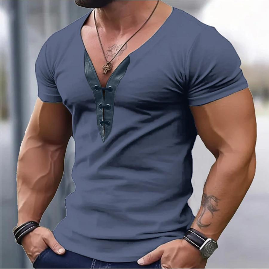 Summer Men's Tee V-neck Color Matching Short Sleeve T-shirt Youth Slim Fit Sports Fitness Men Top