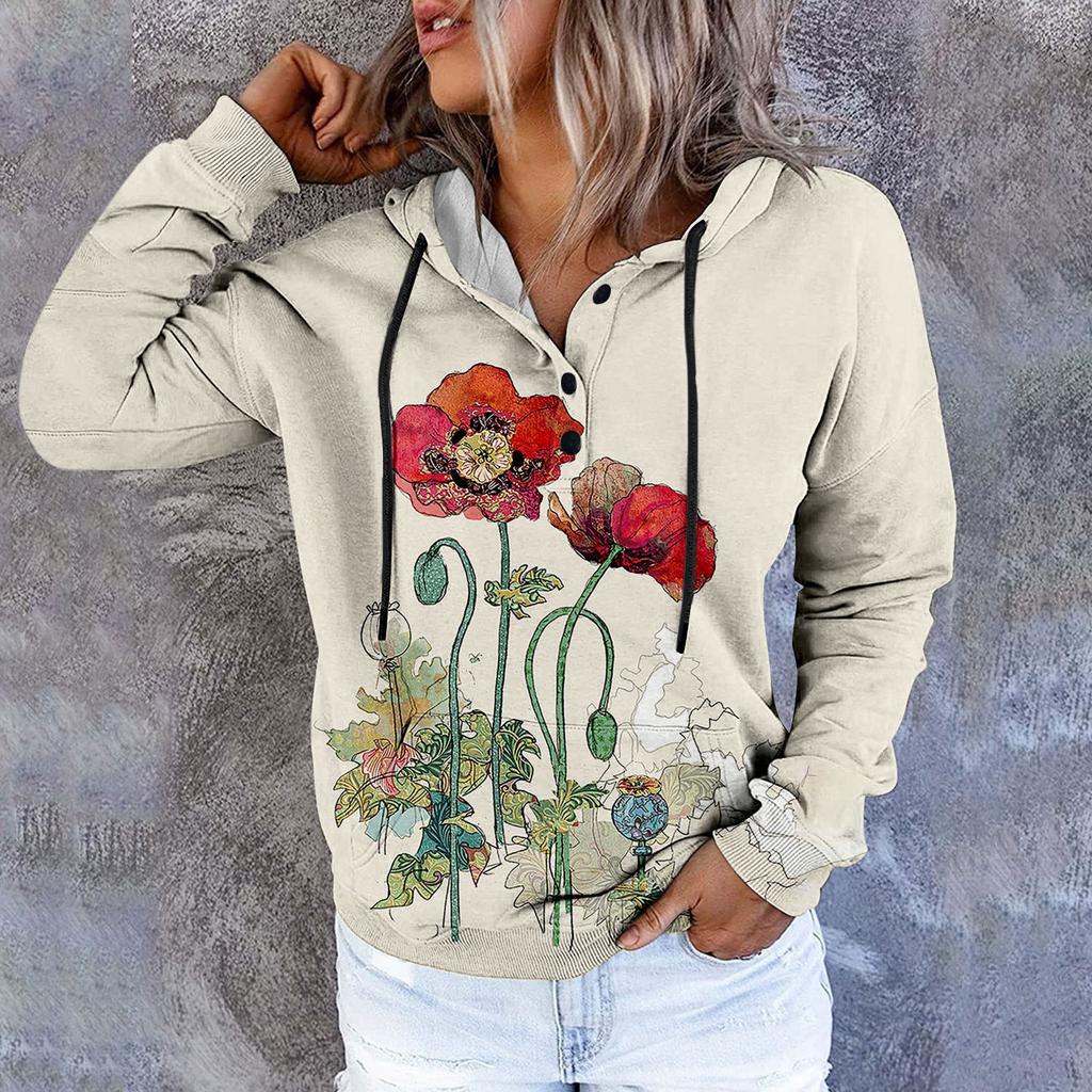 Женский повседневный модный пуловер с длинным рукавом и цветочным принтом, топ с капюшоном