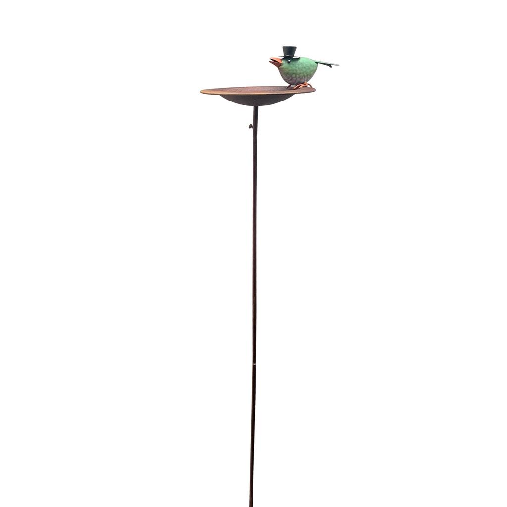 A water bottle with a green bird in a cylinder