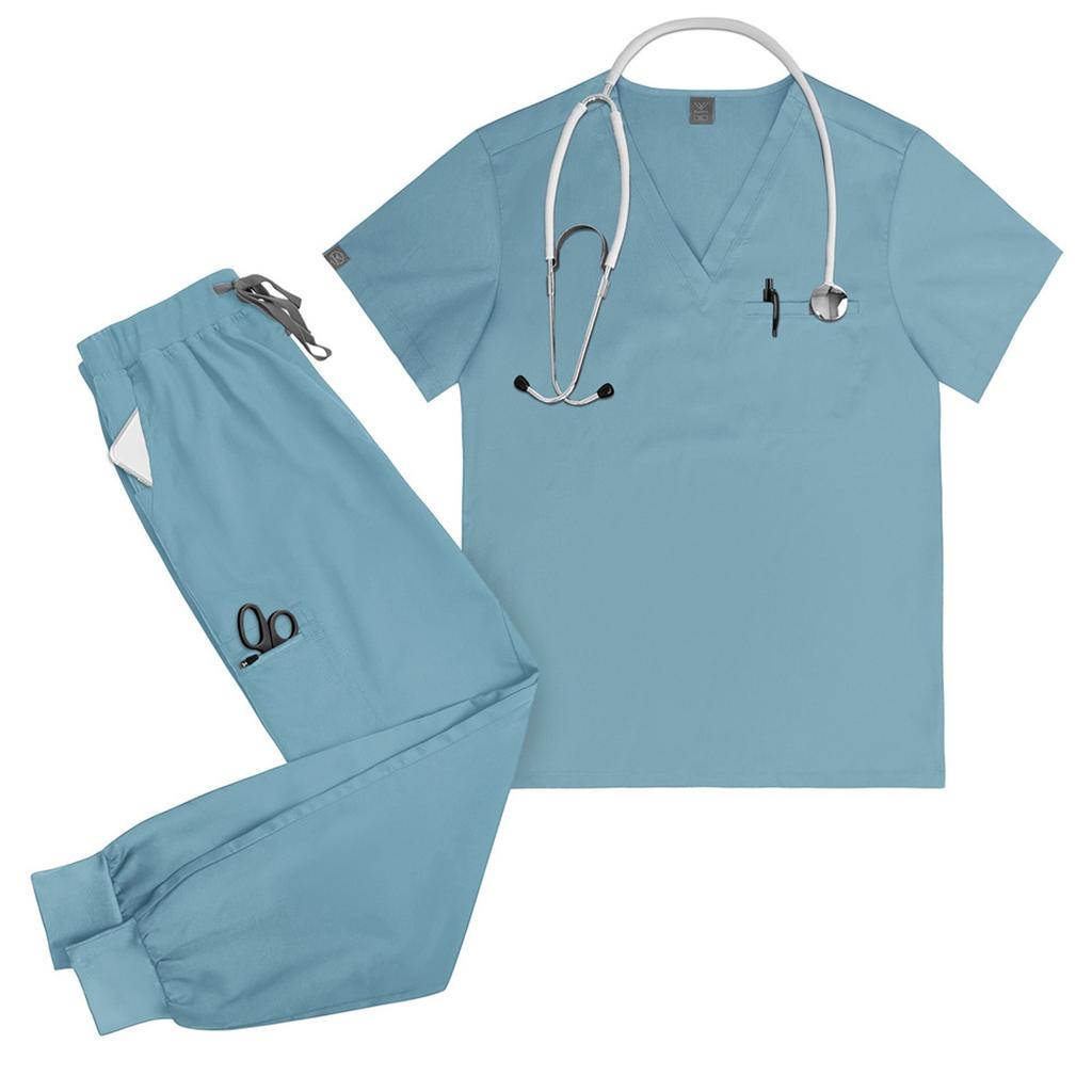 Женский однотонный топ с короткими рукавами и V-образным вырезом, карманами, рабочая одежда, комплект из двух предметов