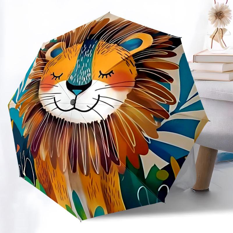 1pc Lion, Jungle Automatic Folding Umbrella - Windproof Compact Travel Umbrella with Auto Open/Close, 8-Rib Heavy-Duty Shaft for Women/Men A057