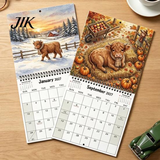 12 Month Spiral Bound Calendar Funny Animal Wall 2027, Months Jan. to Dec., Hanging Office Planner Calendar, Monthly with Rooster Cat Highland